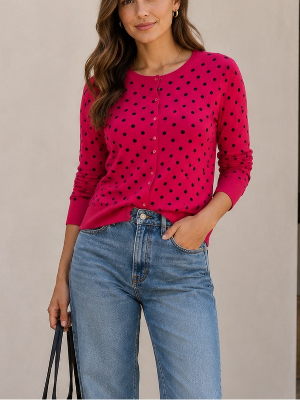 Lightweight Fitted Cardigan M Button Up Polka Dot Sweater Pink Navy Preppy Retro
